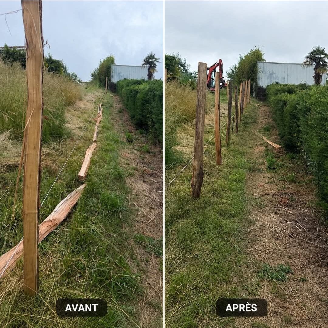 Avant/après d'une pose de piquets de clôture à la mini-pelle avec enfonce-pieux dans les Hautes-Pyrénées (65) : anciens piquets cassés remplacés par des piquets neufs alignés le long d'une haie